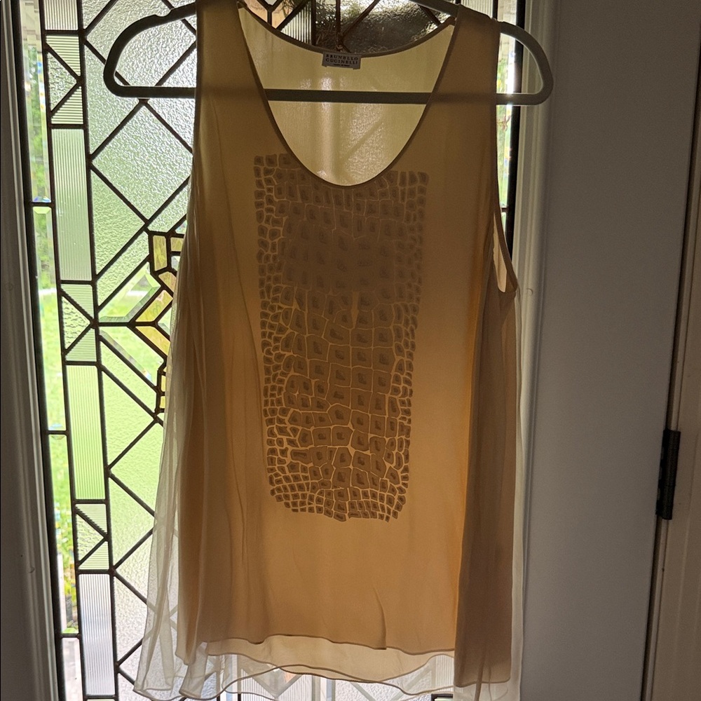 Brunello Cucinelli cream Sheer Embellished double layer Silk top xl